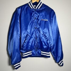 VTG Holloway Retro Blue Satin Bomber Jacket ITW Paslode Embroidered Size L‎ 80's